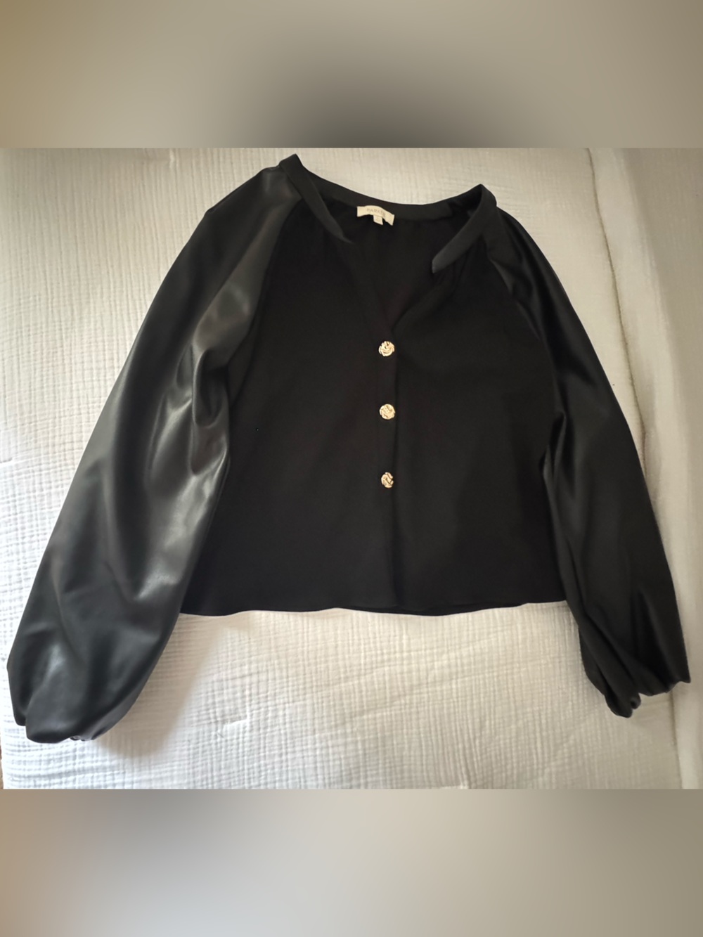 NWT Parker Black Suede Top with Faux Leather Sleeves and Gold Buttons